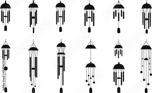 Wind chime silhouette vector bundle, decorative hanging chimes set, musical outdoor ornament clipart, peaceful garden decor design, feng shui symbols