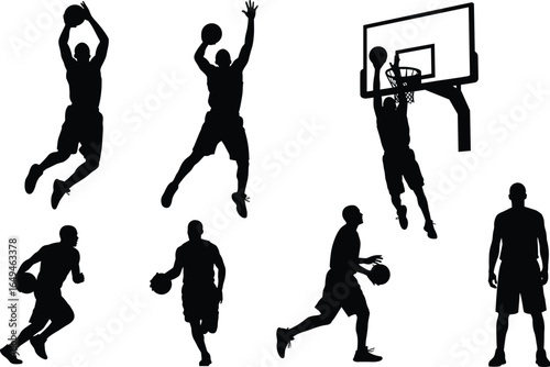 Silhouettes of basketball players in six poses including dunk, dribble, jump shot, standing hold, and jump with ball, sports vector set