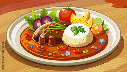 Rich and flavorful Mexican mole dish served elegantly on beige plate, accompanied by fluffy white rice and sauteed vegetables, garnished with sesame seeds and fresh herbs white  background 