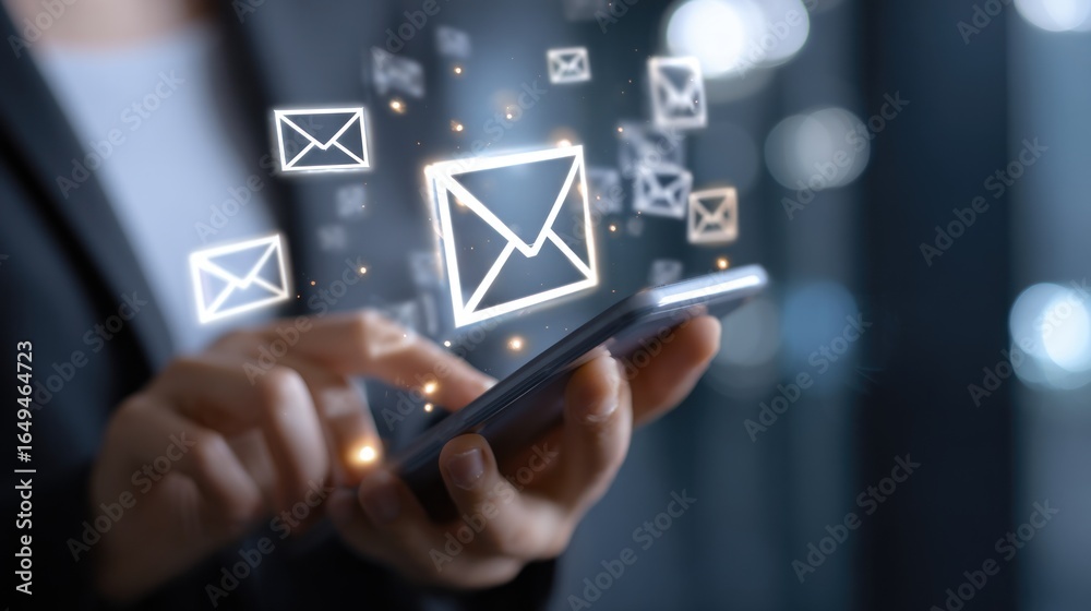 Hands using smartphone with email icons Hands using smartphone with email icons