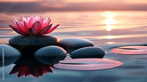 A serene water lily rests on smooth stones, reflecting soft light in tranquil waters.