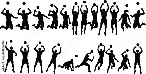 Silhouettes of volleyball players in jumping, diving, and blocking poses with ball, dynamic sports vector set for training, coaching, and design use