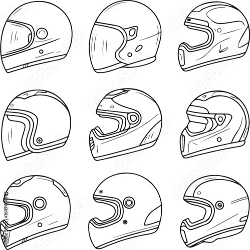 Nine Different Motorcycle Helmets in Outline Style on White Background motorbike racing