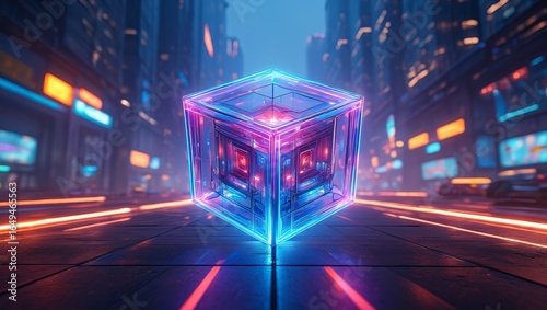 Futuristic glowing cube in neon city nightscape digital art ai generated image design