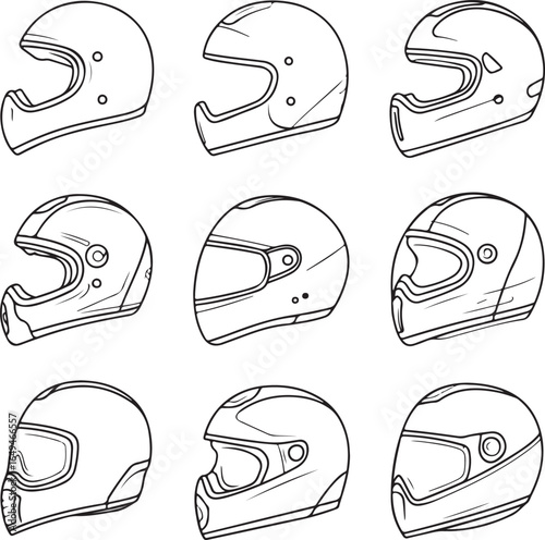 Collection of nine motorcycle racing helmets in black and white line art motorcycle helmet sport helmet