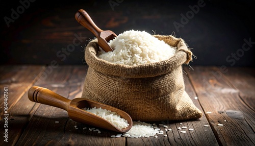 Rice – White basmati rice in a burlap sack with a wooden scoop.