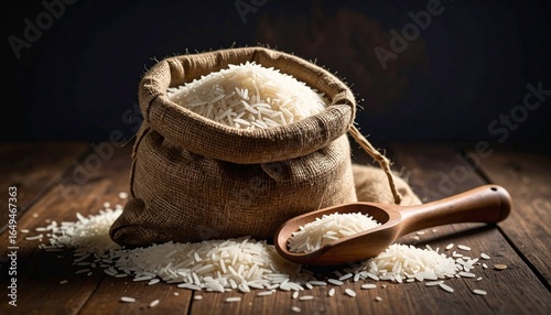 Rice – White basmati rice in a burlap sack with a wooden scoop.