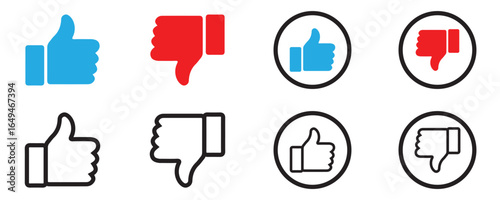 Like and Dislike Icon Set – Social Media Feedback and User Reaction Pictograms in Outline, Solid, and Flat Styles