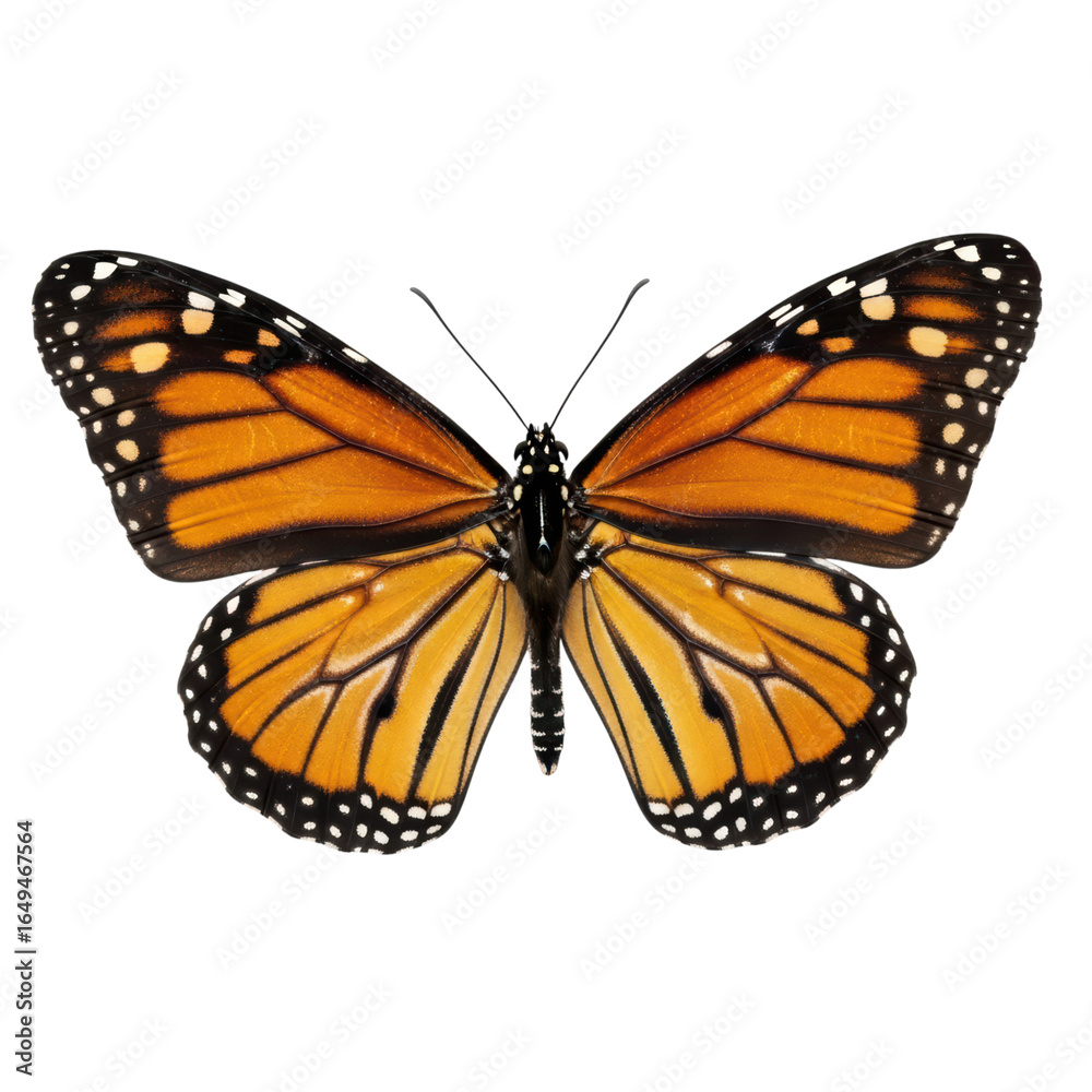 Fototapeta premium Vibrant monarch butterfly with detailed orange and black patterns on transparent background