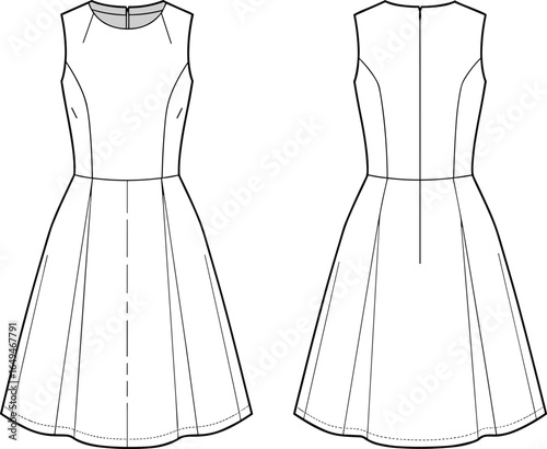 Elegant sleeveless dress CAD drawing, front and back view, fashion template, sewing pattern, garment construction, vector illustration, technical sketch