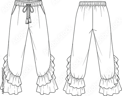 Fashion CAD drawing, ruffle hem pants, trendy trousers, stylish women's wear, drawstring waist, apparel sketch, vector illustration, fashion flat