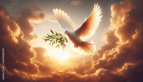 White dove in mid-flight with olive branch at sunset, Ai generated image