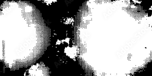 Splashes and dotted paint distressed halftone vector background with Old grunge black texture design.	