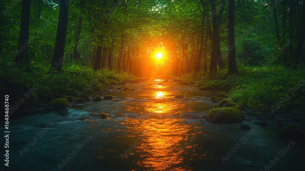 Naklejka premium Golden River Path: Luminous Sunset Piercing a Lush, Verdant Forest.