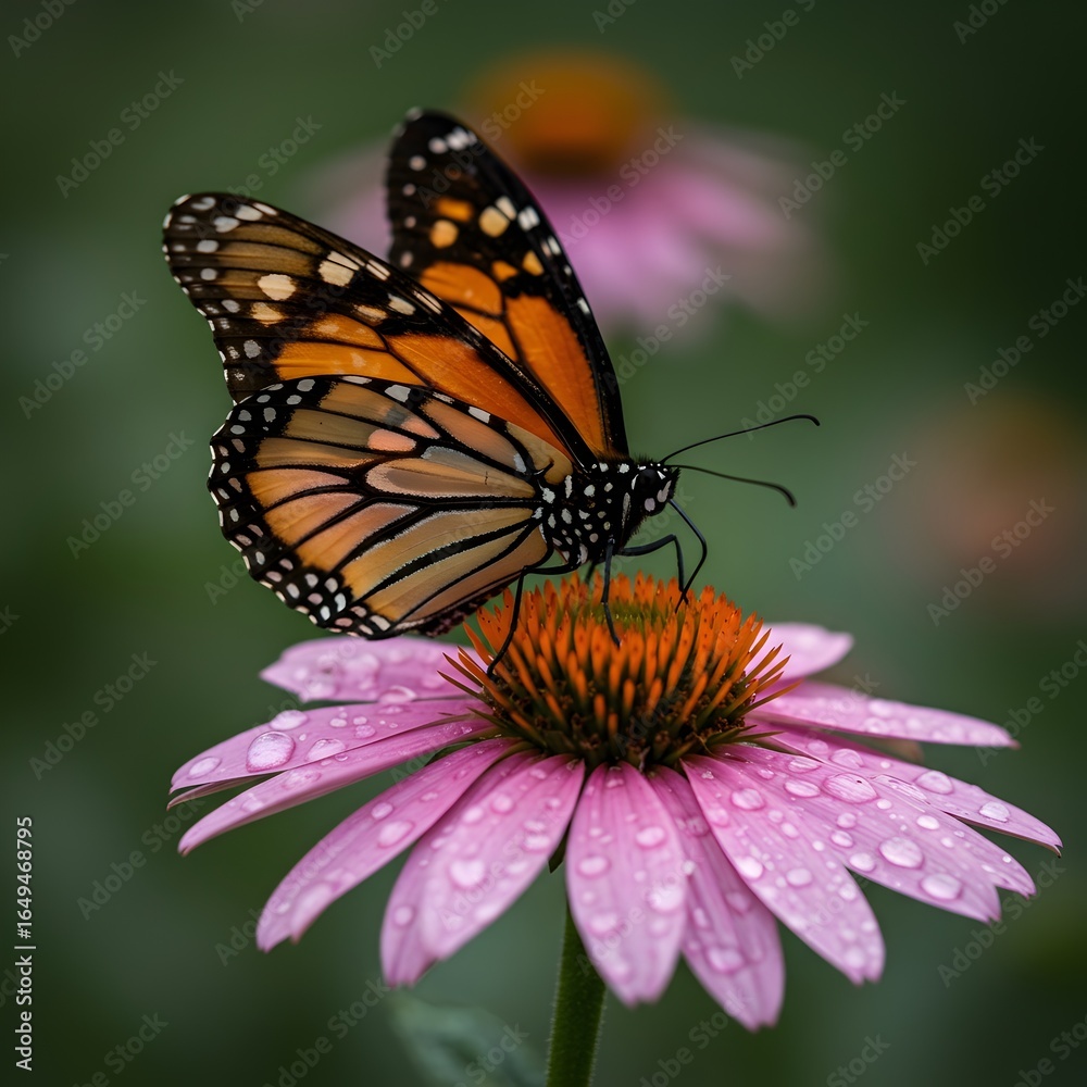 Fototapeta premium Classic monarch butterfly with distinctive orange and black wing pattern perched on pink coneflower bloom - perfect for pollinator conservation and garden photography