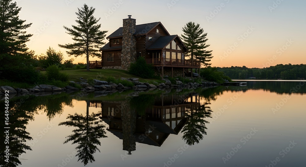 Obraz premium Cozy wooden cabin with warm glowing windows reflected in tranquil lake waters at dusk, surrounded by evergreen trees - perfect for vacation and retreat marketing