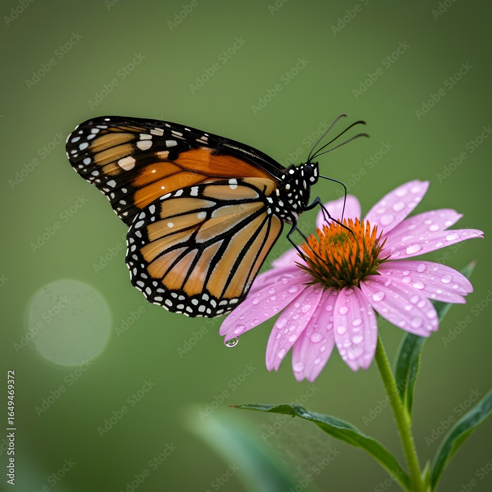 Obraz premium Beautiful monarch butterfly with distinctive orange and black wings feeding on vibrant purple coneflower against soft green background - perfect for nature and garden themes