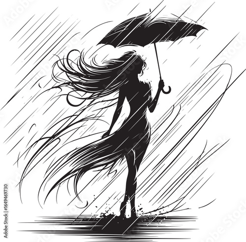 "A silhouette of a woman with an open umbrella, caught in a gust of wind, with her dress and hair flowing. The pose is dynamic, suggesting movement and struggle against the wind and rain. Raindrops an