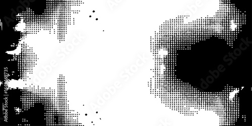 Splashes and dotted paint distressed halftone vector background with Old grunge black texture design.	