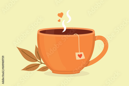 Mug of hot tea with tea bag inside. Cozy autumn season drink in flat vector style. Isolated against warm autumn background
