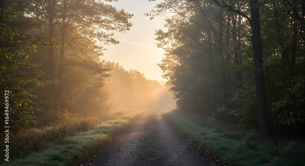 Obraz premium A dirt road leads through a forest, illuminated by sunlight filtering through the trees and creating a misty atmosphere.