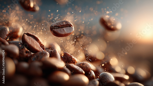 Macro photography of roasted coffee beans in flight, surrounded by golden particles and soft dawn light.
