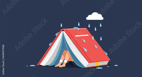 Person Hiding Inside a Book-Shaped Tent During Rain