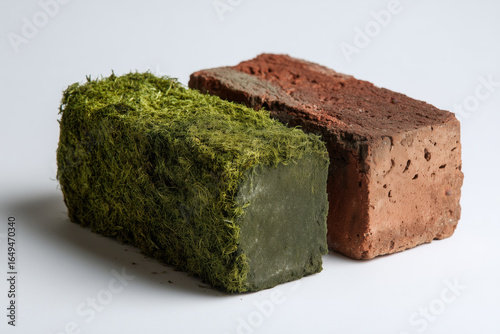 Two contrasting bricks: one traditional red clay brick and one eco-friendly moss-covered green brick, symbolizing the transition from conventional building materials to sustainable architecture