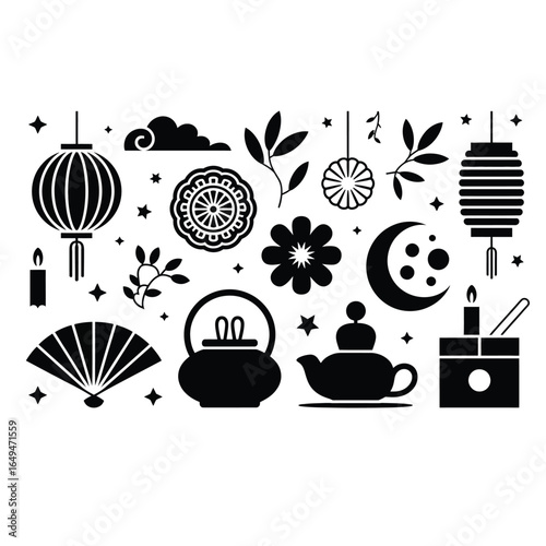 Black and white vector bundle of mooncake and lantern icons including traditional treats, rabbit, tea set, moon, and festive decorations