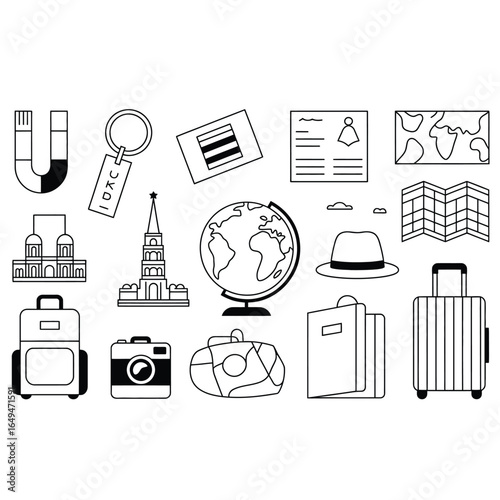 Black and white vector bundle of travel souvenir icons including magnet, keychain, postcard, miniature landmark, globe, and camera