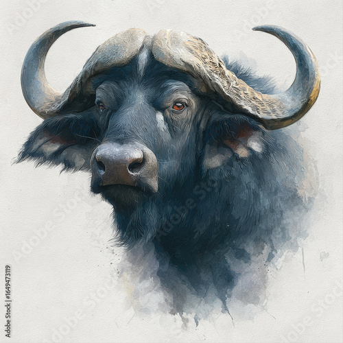 Watercolor portrait of a Cape buffalo