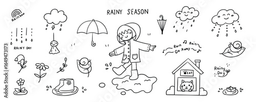 Hand drawn rainy season element line doodle concept set. Illustration vector design.