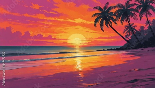 Sunset painting with palm trees and ocean reflecting the sun