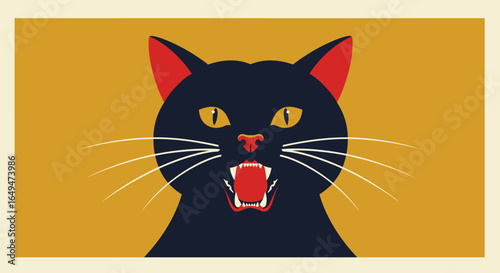black cat with red eyes-Aggressive Black Cat Illustration with Yellow Eyes and Sharp Teeth – Stylized Halloween Character on Mustard Background