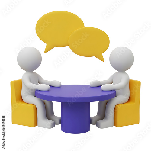 Two 3d figures in conversation at a table with speech bubbles above isolated on transparent background