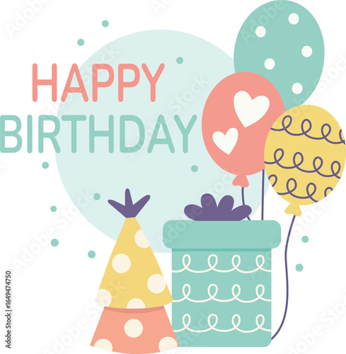 Happy birthday greeting with pastel balloon, gift box, party hat, and confetti, cheerful celebration illustration