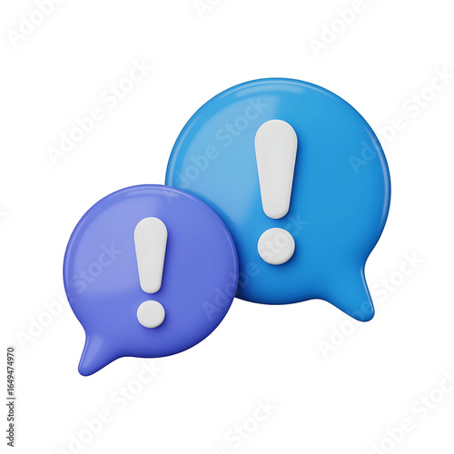 Two blue chat bubbles with white exclamation marks inside representing alerts or important messages isolated on transparent background