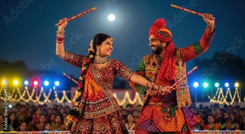 Young couple playing Garba under a moonlit Navratri sky
