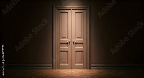 A dramatic view of closed double doors bathed in a spotlight creating an intriguing atmosphere. Perfect for concepts of decision mystery and new beginnings.