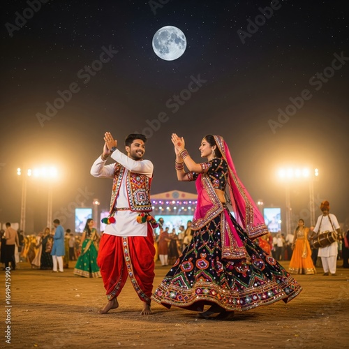 Young couple playing Garba under a moonlit Navratri sky
