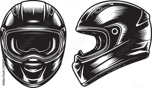 Front and side view of a black motorcycle helmet with white visor on white background motorbike racing