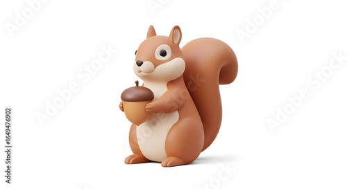 Adorable cartoon squirrel character with an acorn, 3D illustration isolated on white background
