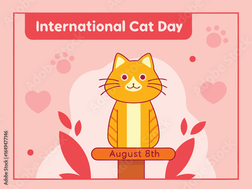 International Cat Day with Cute Orange Cat and Hearts feline animal