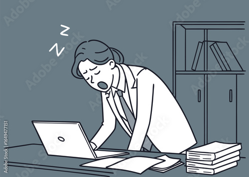 Vector cartoon of a tired office worker falling asleep at desk with laptop and paperwork. Concept of overwork, stress, exhaustion, fatigue, and burnout at workplace.