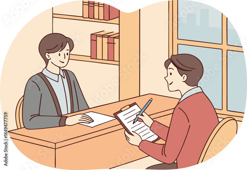 Vector illustration of two men in a job interview setting, one asking questions and taking notes while the other responds, symbolizing career, hiring, and recruitment.
