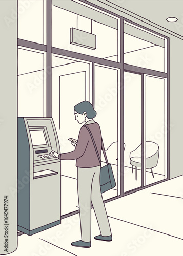 Vector illustration of a woman using an ATM machine inside a bank, representing finance, withdrawal, deposit, money transaction, or digital banking services.