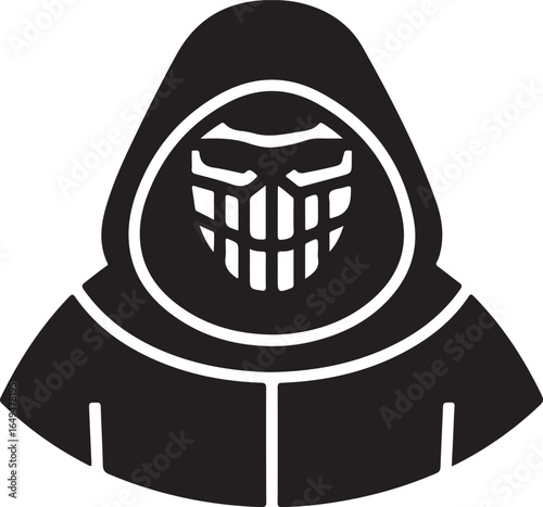 Black Silhouette of a Person Wearing a Hood and Mask on White Background Keywords: person, silhouette
