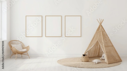 Wallpaper Mural Mock up poster frame in children room with natural wooden furniture on beige background, 3d render Torontodigital.ca