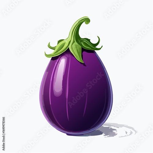 Single Ripe Purple Eggplant with Green Stem on White Background