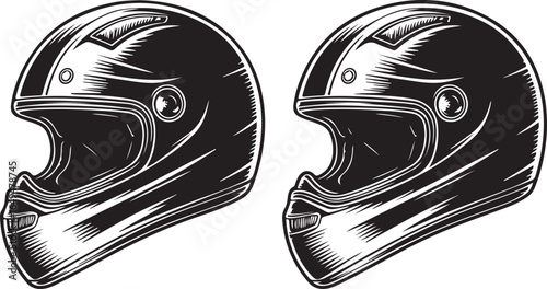 Two black and white vintage motorcycle helmets side by side racing sport